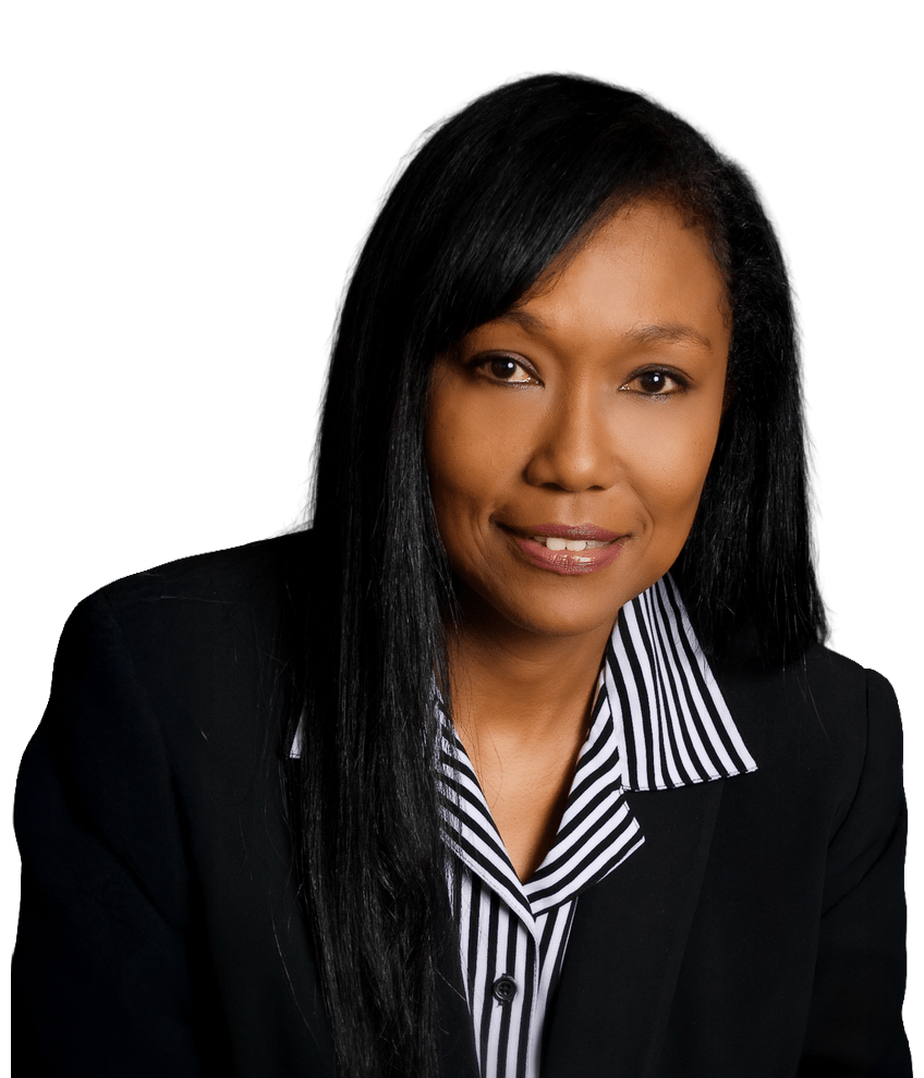 Professional headshot of a woman with long black hair wearing a black blazer over a striped collared shirt.